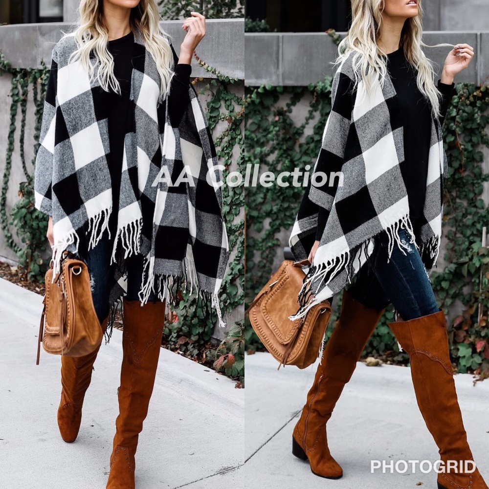 Buffalo Check plaid Tassel shawl Poncho cover up - Picture 2 of 7